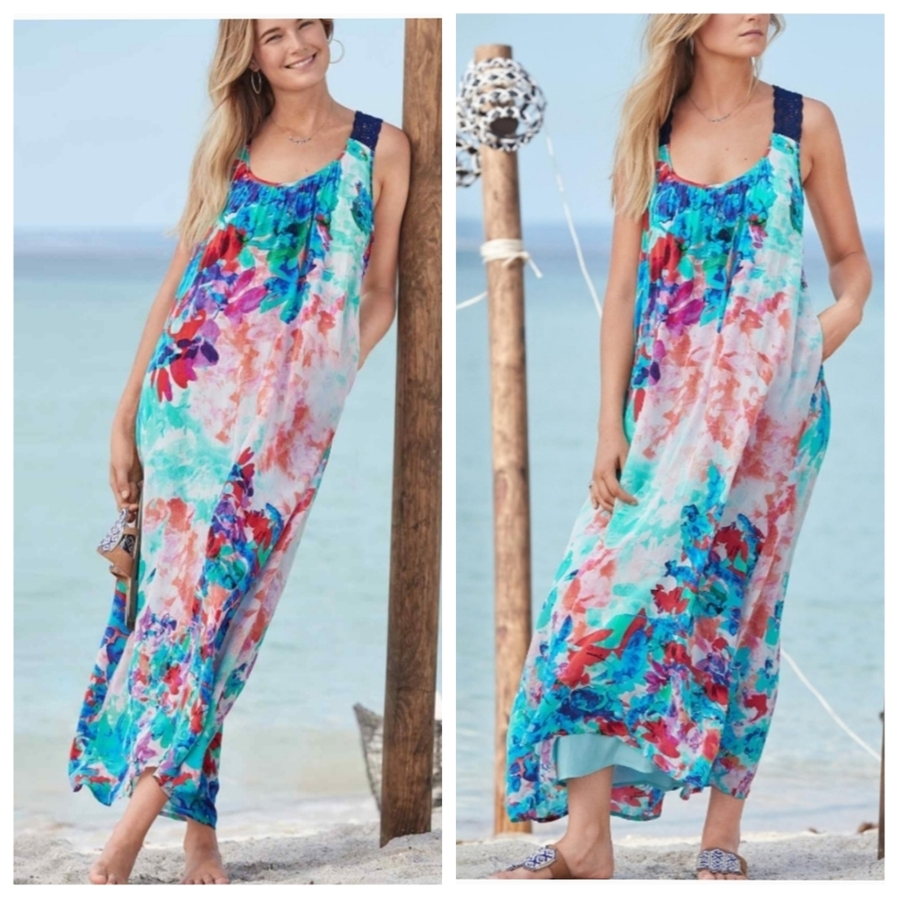 Sundance Amira Floral Watercolor Maxi Dress Vibrant Racerback Women’s Size M